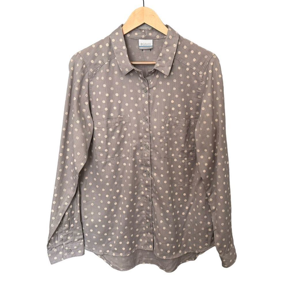 Columbia Out & About Gray Flannel Shirt Cream Polka Dots Button Down Women’s L
